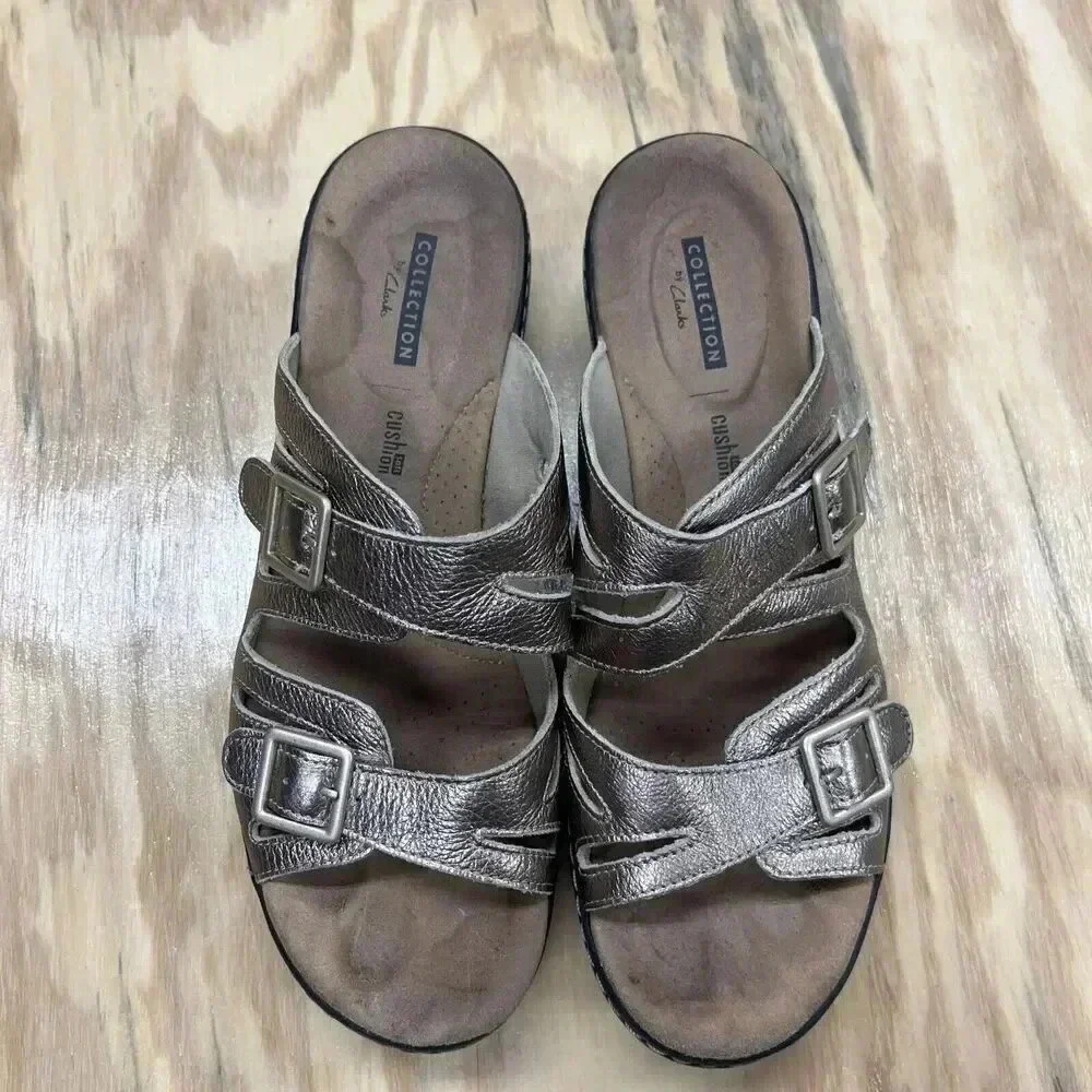 Clarks Collection Women's Slide Sandals Soft Cushion Sz 9.5 Metallic Gold